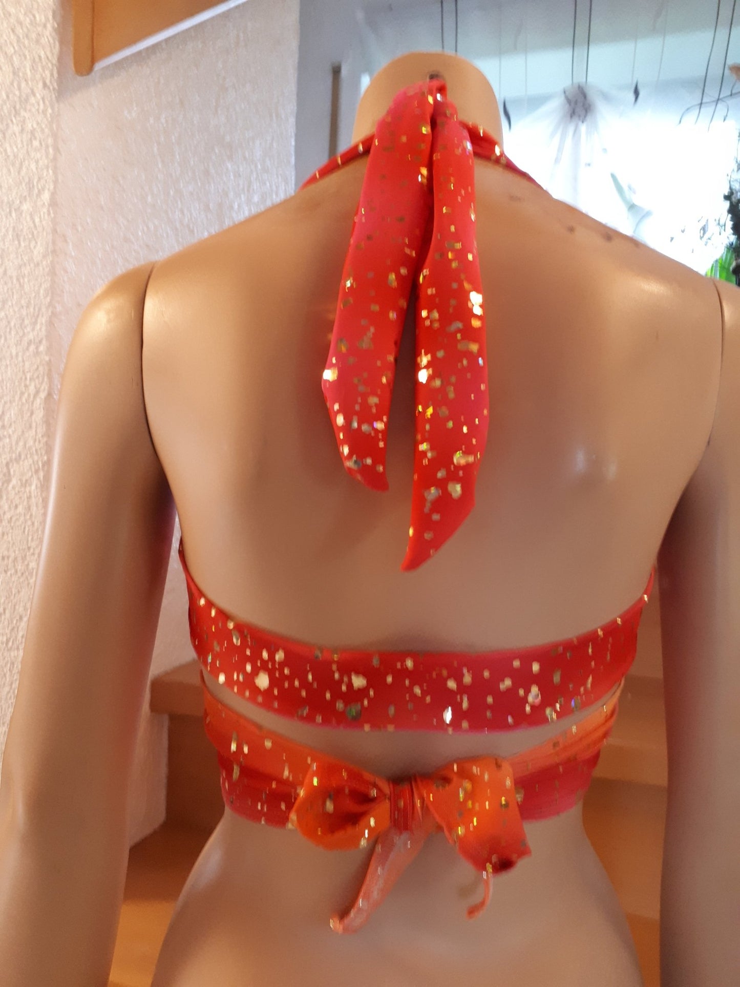 Bandage Top Wickel Bikini Oberteil gelb/orange/pink mit Gold Hologramm Metallic Blättchen bauchfrei Tanzsport - Lycra - SEXSENSE