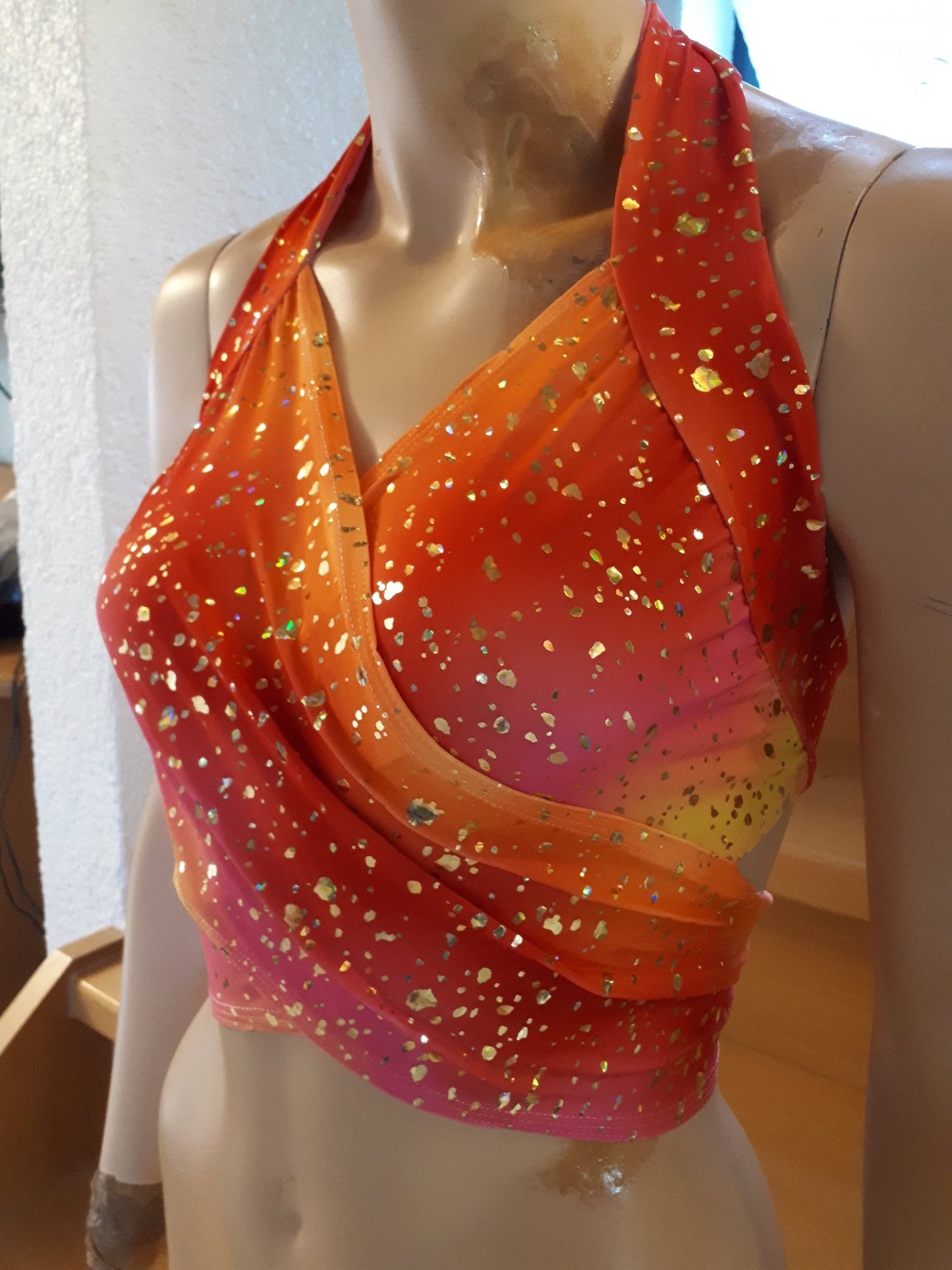 Bandage Top Wickel Bikini Oberteil gelb/orange/pink mit Gold Hologramm Metallic Blättchen bauchfrei Tanzsport - Lycra - SEXSENSE