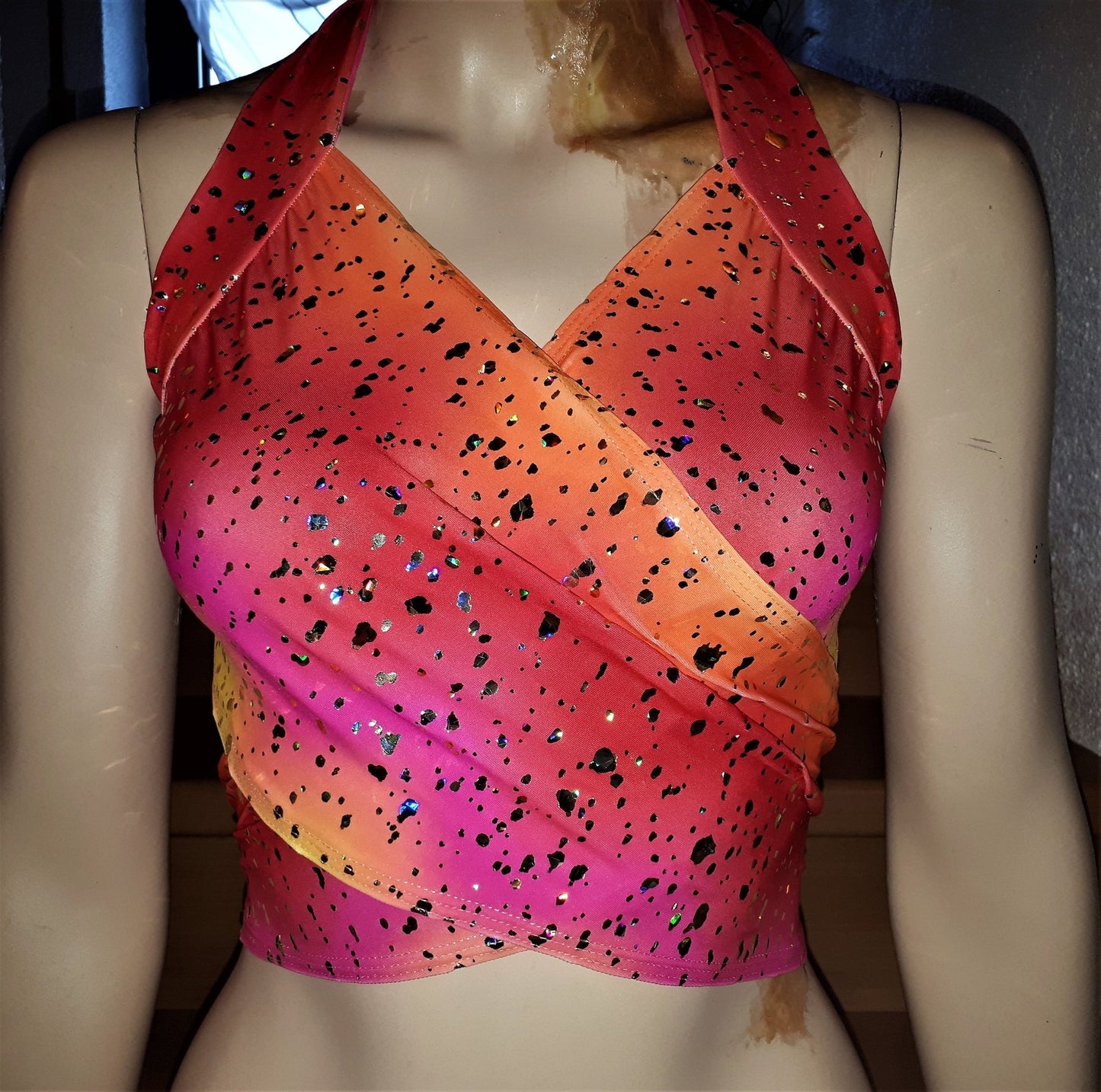Bandage Top Wickel Bikini Oberteil gelb/orange/pink mit Gold Hologramm Metallic Blättchen bauchfrei Tanzsport - Lycra - SEXSENSE