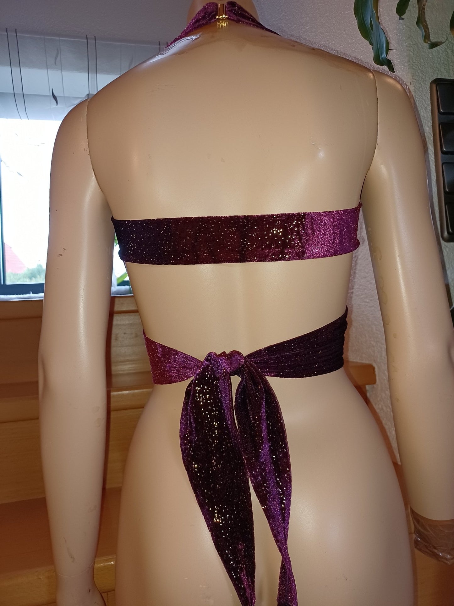 Bandage Wickel - Top Bikini Oberteil beerenfarben mit Gold Metallic Glitter bauchfrei Tanzsport - Lycra - SEXSENSE