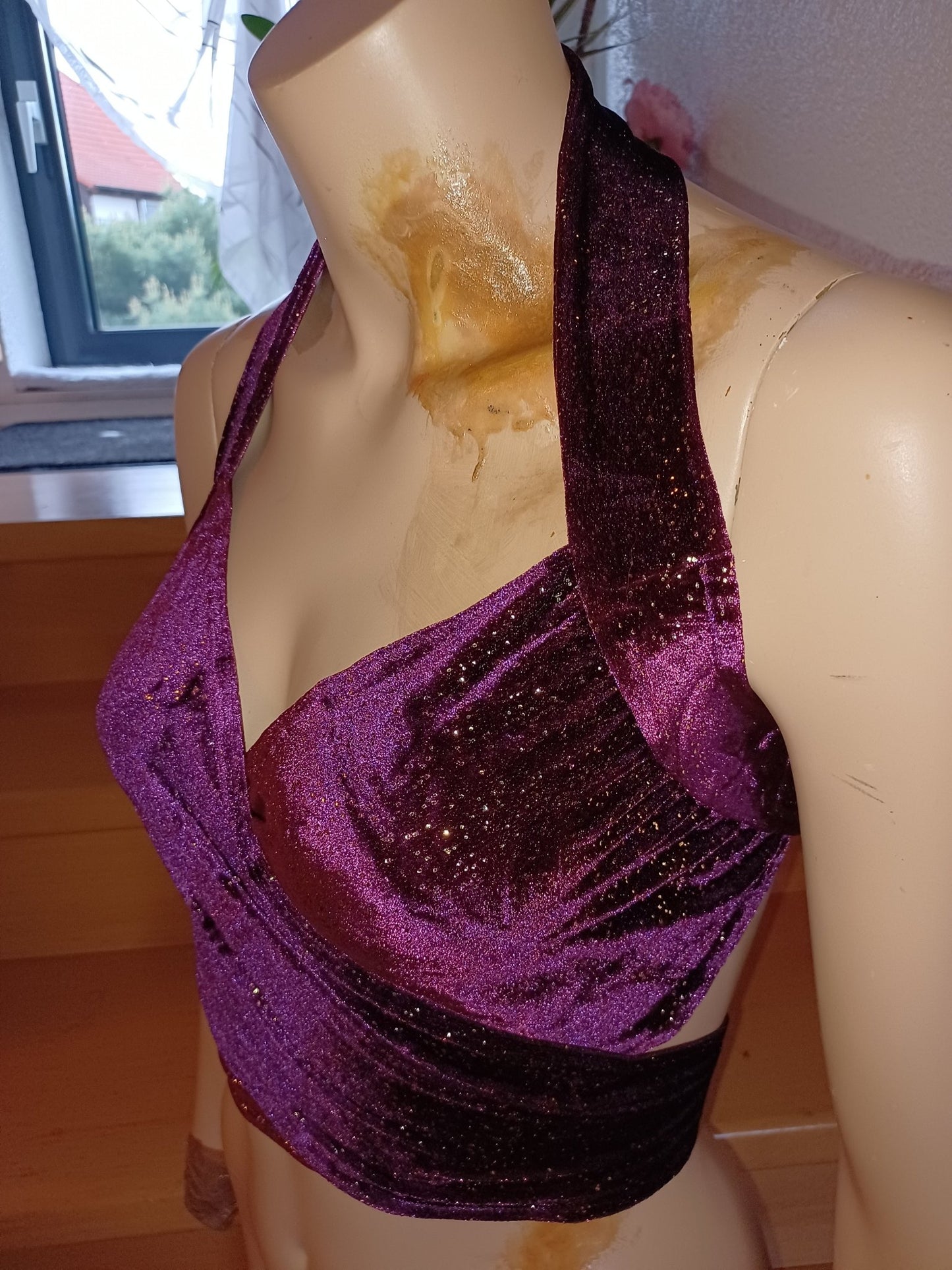 Bandage Wickel - Top Bikini Oberteil beerenfarben mit Gold Metallic Glitter bauchfrei Tanzsport - Lycra - SEXSENSE