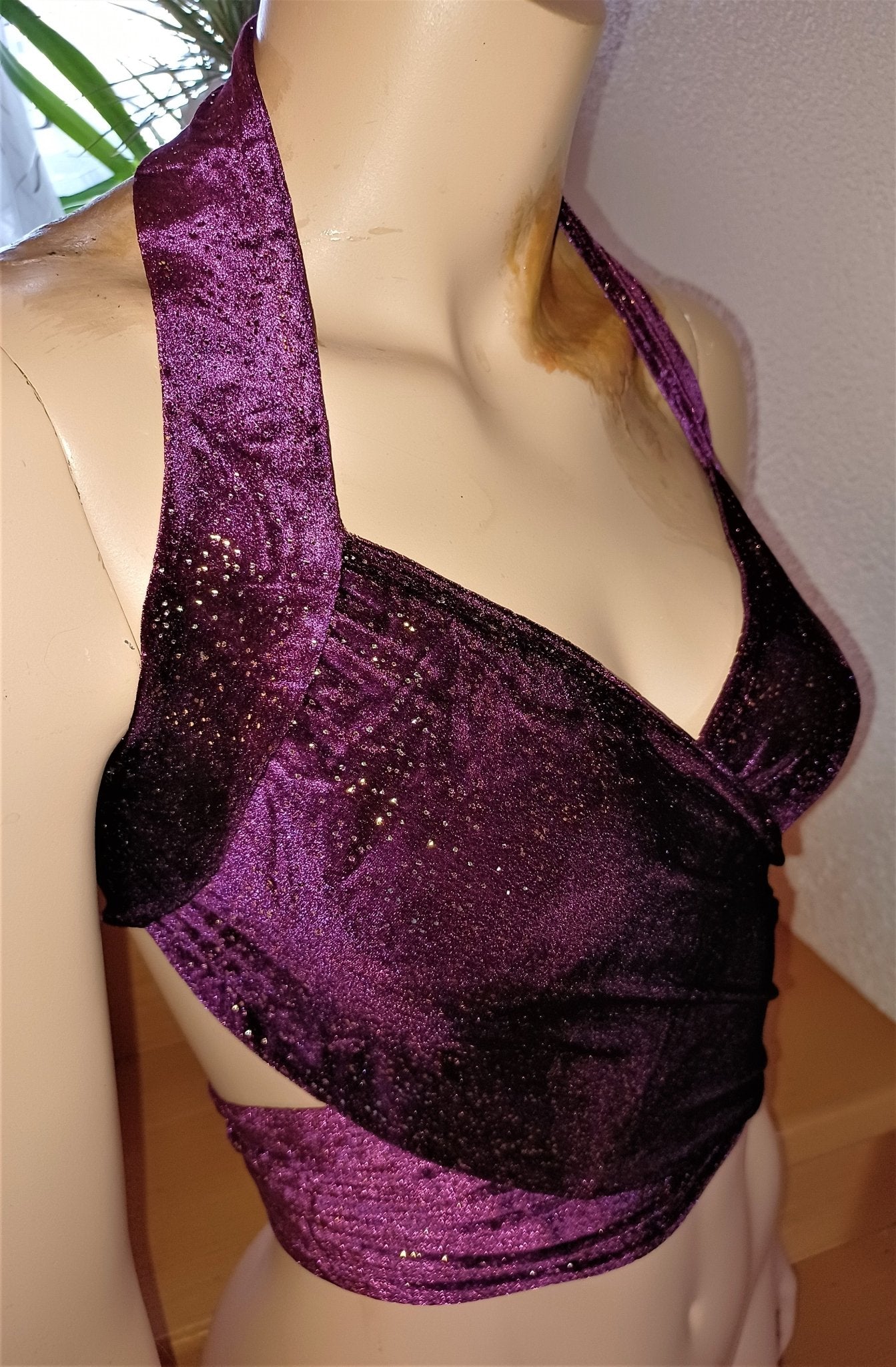 Bandage Wickel - Top Bikini Oberteil beerenfarben mit Gold Metallic Glitter bauchfrei Tanzsport - Lycra - SEXSENSE