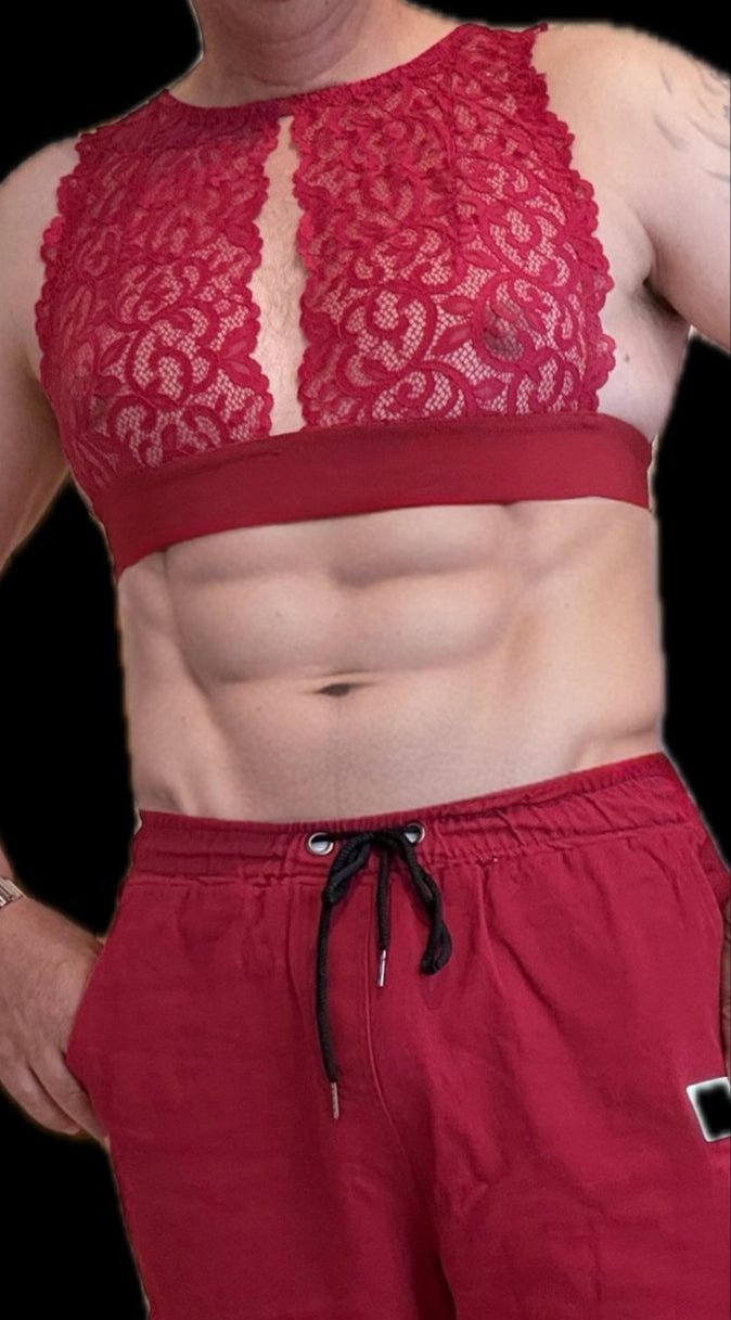 Herren Bustier BH Designerwäsche Sissy elastische Spitze himbeerrot Top Shirt - SEXSENSE