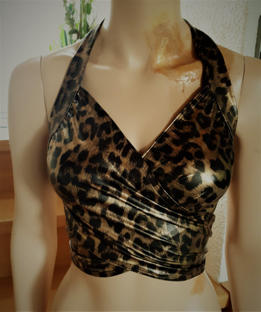 Bandage Wickel - Top Bikini Oberteil Leoprint Gold Metallic bauchfrei Tanzsport - Lycra - SEXSENSE