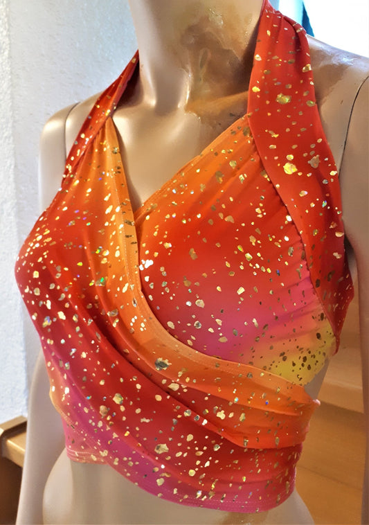 Bandage Top Wickel Bikini Oberteil gelb/orange/pink mit Gold Hologramm Metallic Blättchen bauchfrei Tanzsport - Lycra - SEXSENSE