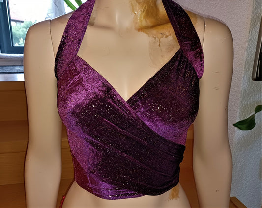 Bandage Wickel - Top Bikini Oberteil beerenfarben mit Gold Metallic Glitter bauchfrei Tanzsport - Lycra - SEXSENSE
