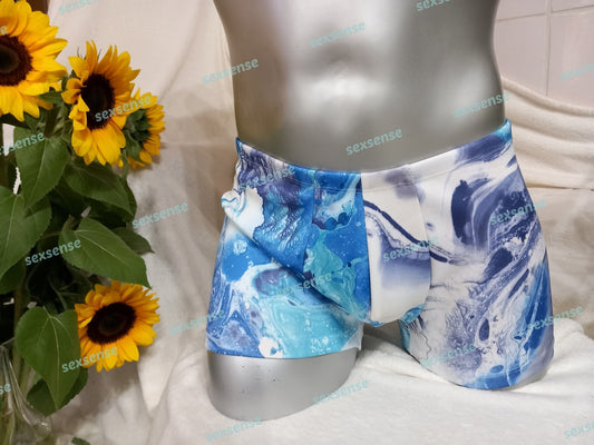 Boxershorts Badeshorts Badehose elastischer Scuba Jersey in Blau Marmor Optik - SEXSENSE