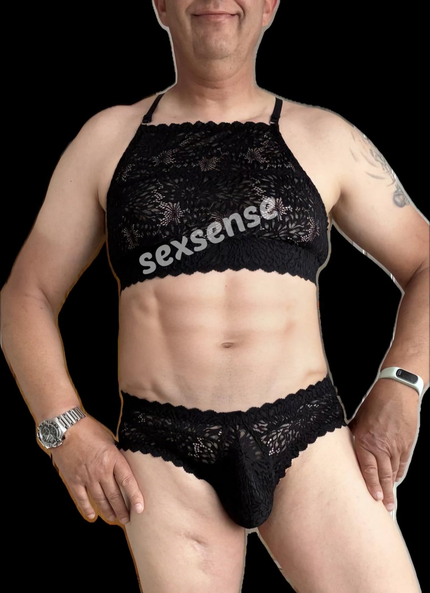 Herren Muscle - Shirt Bustier sportliche Unterwäsche elastische schwarze transparente Spitze - SEXSENSE