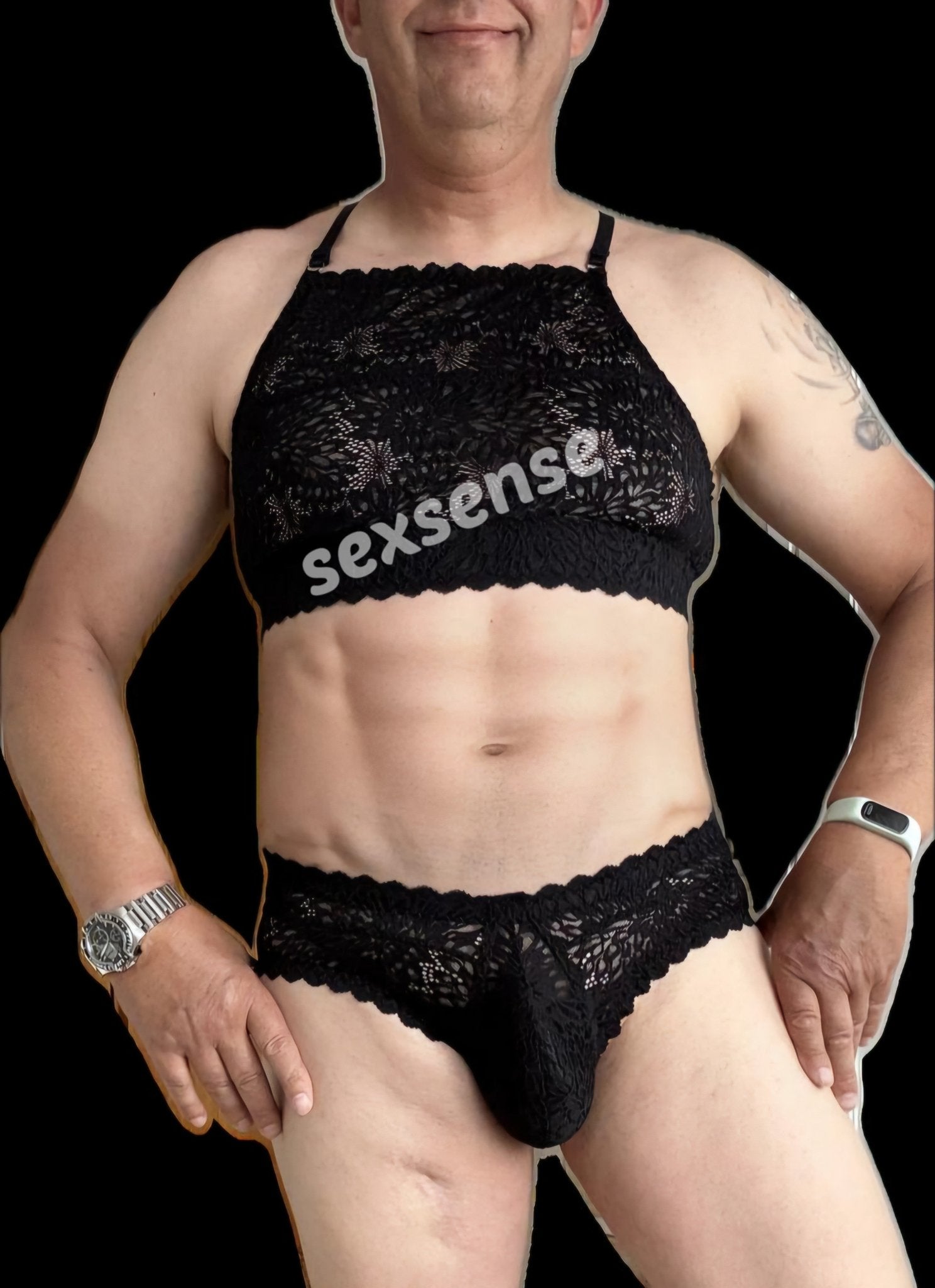 Herren Muscle - Shirt Bustier sportliche Unterwäsche elastische schwarze transparente Spitze - SEXSENSE