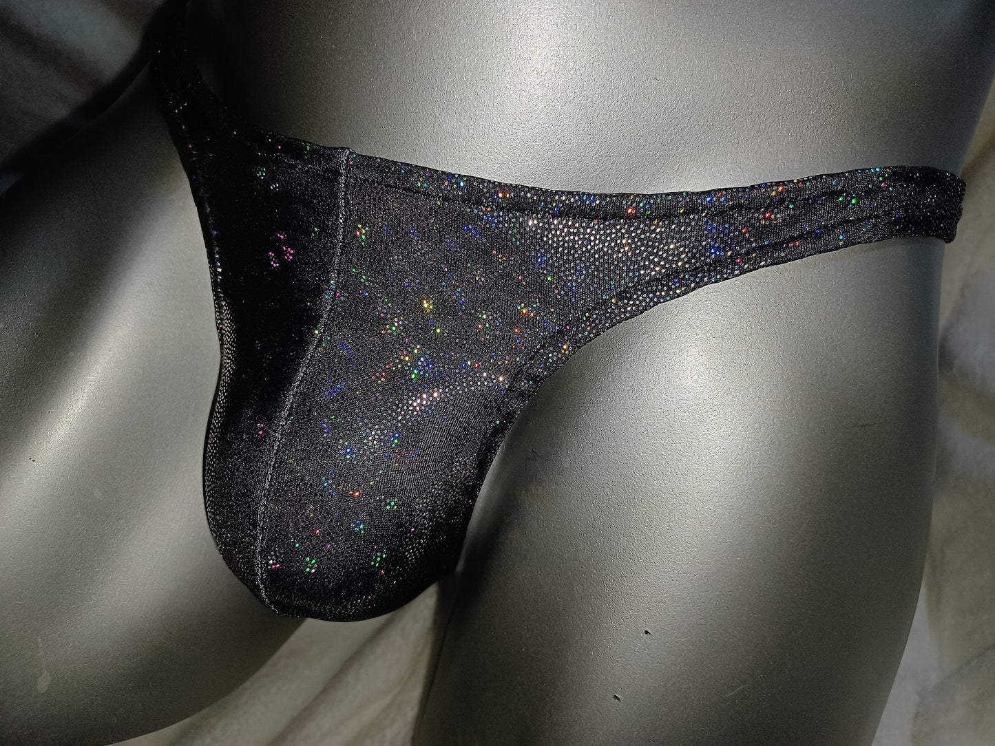 Badehose String Unikat schwarz Metallic Hologramm Gr. S/M Lycra Unikat