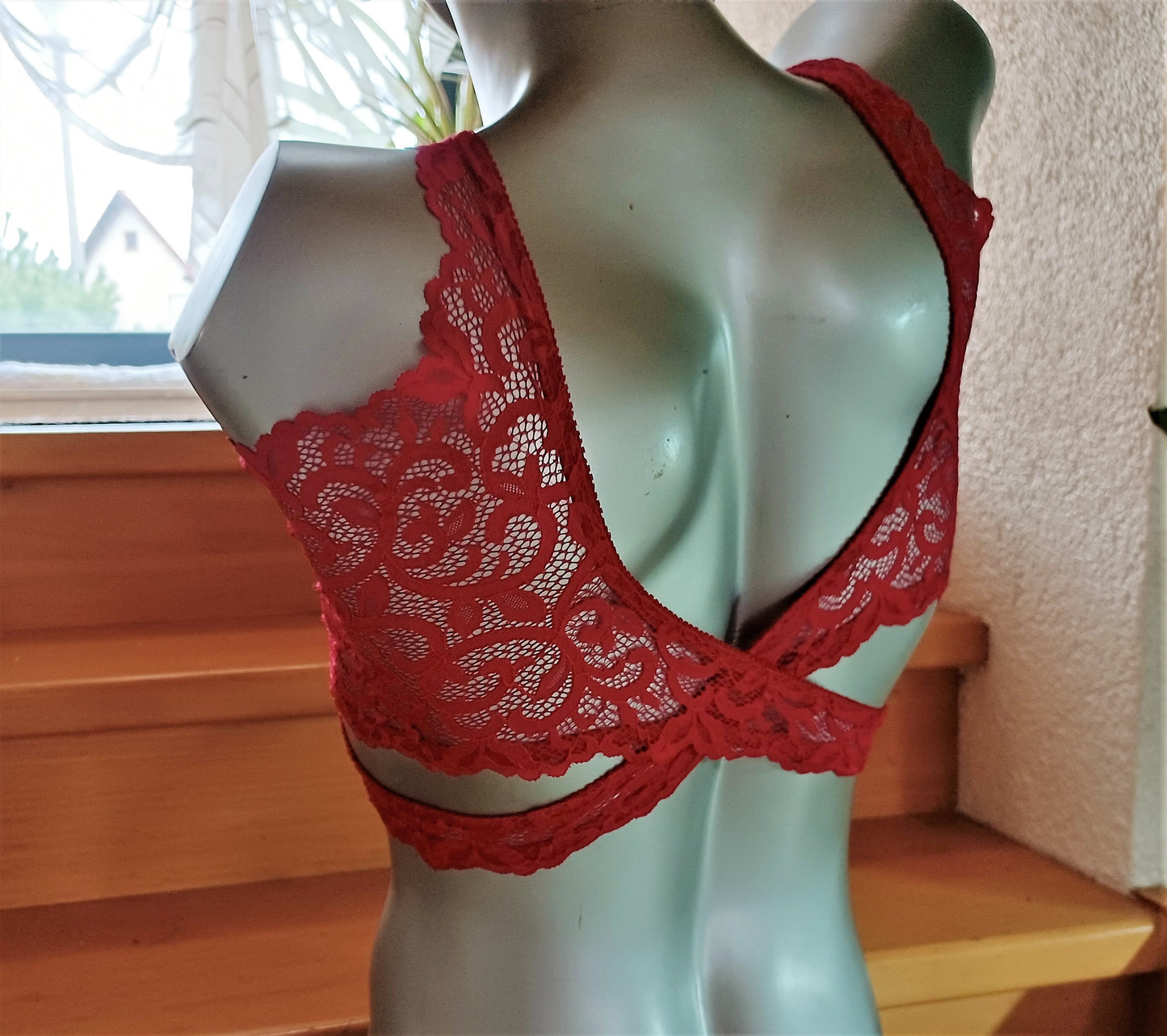 Herren Dessous Bustier BH Unterwäsche Sissy elastische Spitze himbeerrot 2-teiliges Top Shirt Unikat