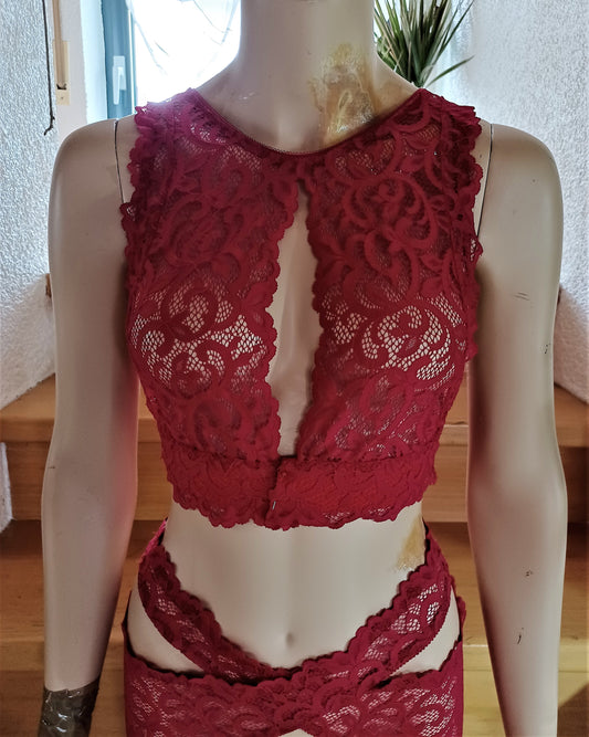 Damen Dessous Bustier BH Unterwäsche elastische Spitze himbeerrot Top Shirt Unikat