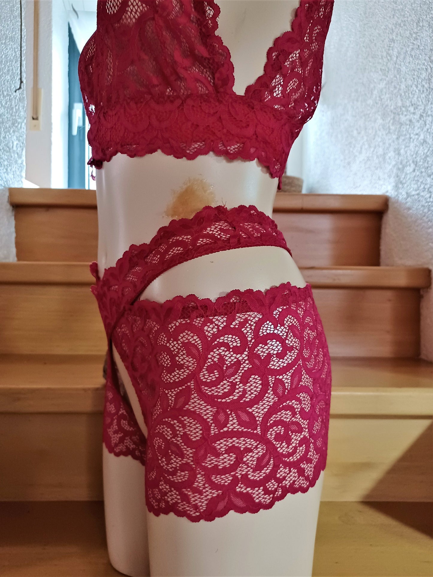 Damen Stay Hip, ouvert Oberschenkelschoner, Strumpfbänder Straps, elastische Spitze rot Halterloser UNIKAT, sexy Dessous, Fetisch