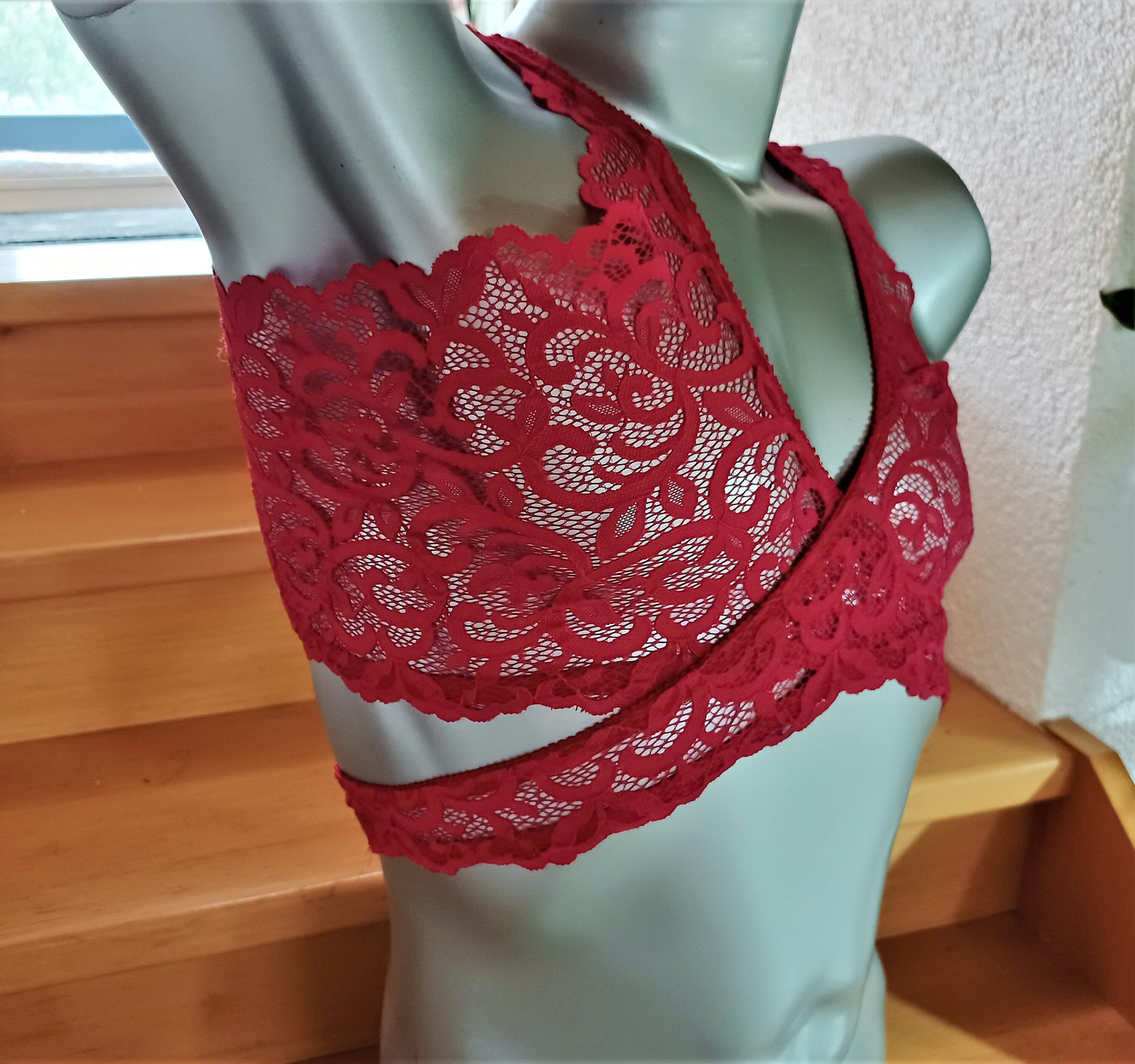 Herren Dessous Bustier BH Unterwäsche Sissy elastische Spitze himbeerrot 2-teiliges Top Shirt Unikat