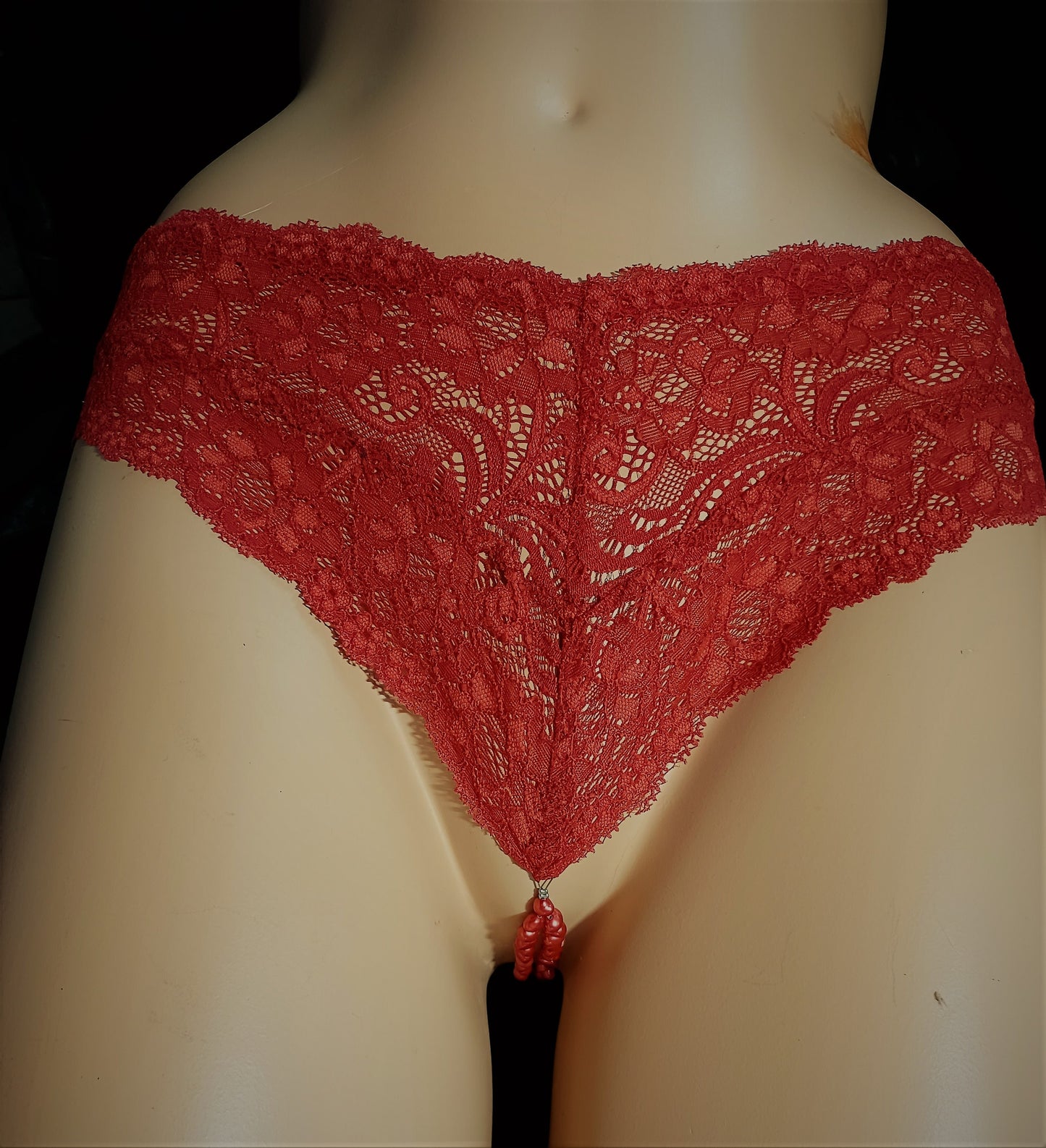 Unterwäsche Damen Perlen String rot Unikat Dessous sexy Lingerie Slip elastische Spitze echte Süßwasser-Perlen NEU Unikat Handmade