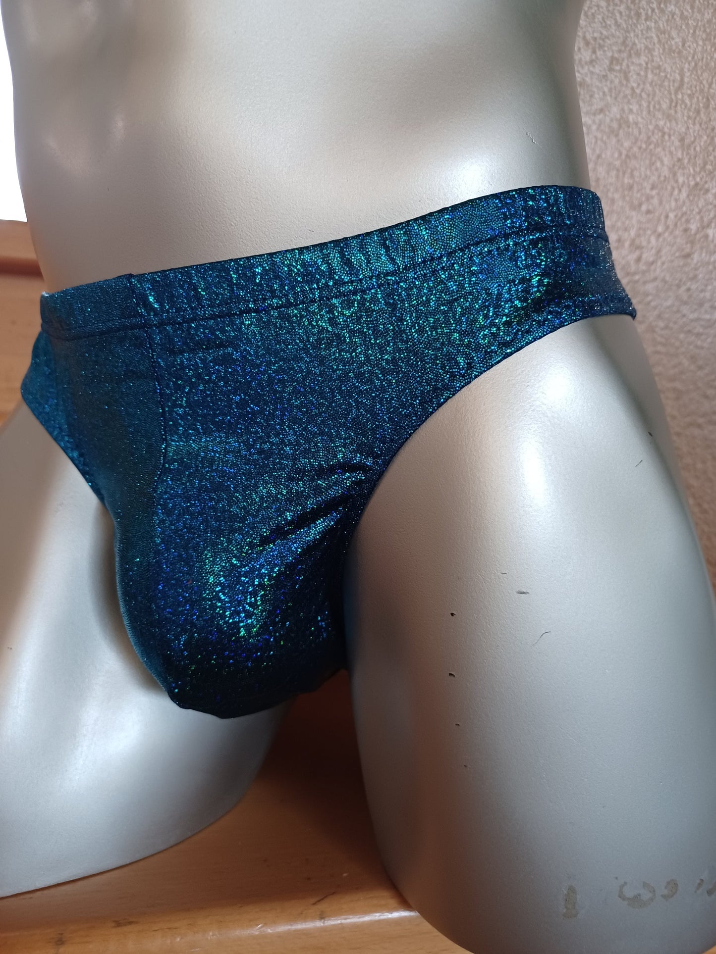 Badehose Slip Tanga  Herren Dessous Unterwäsche Badehose Lingerie  elastisches Lycra Türkis Hologramm Gr M/L Unikat