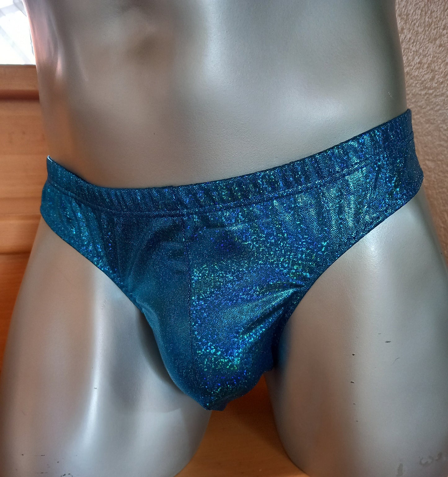 Badehose Slip Tanga  Herren Dessous Unterwäsche Badehose Lingerie  elastisches Lycra Türkis Hologramm Gr M/L Unikat