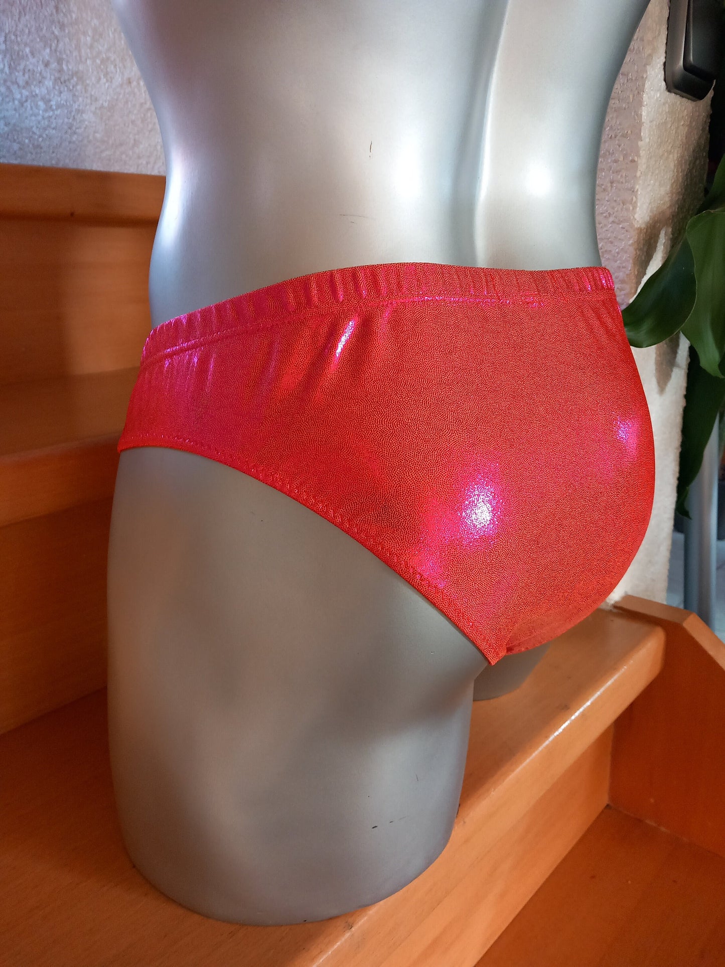 Badehose Slip Tanga elastisches Lycra neonorange mit Hologramm Glitzer Gr. M/L Unikat