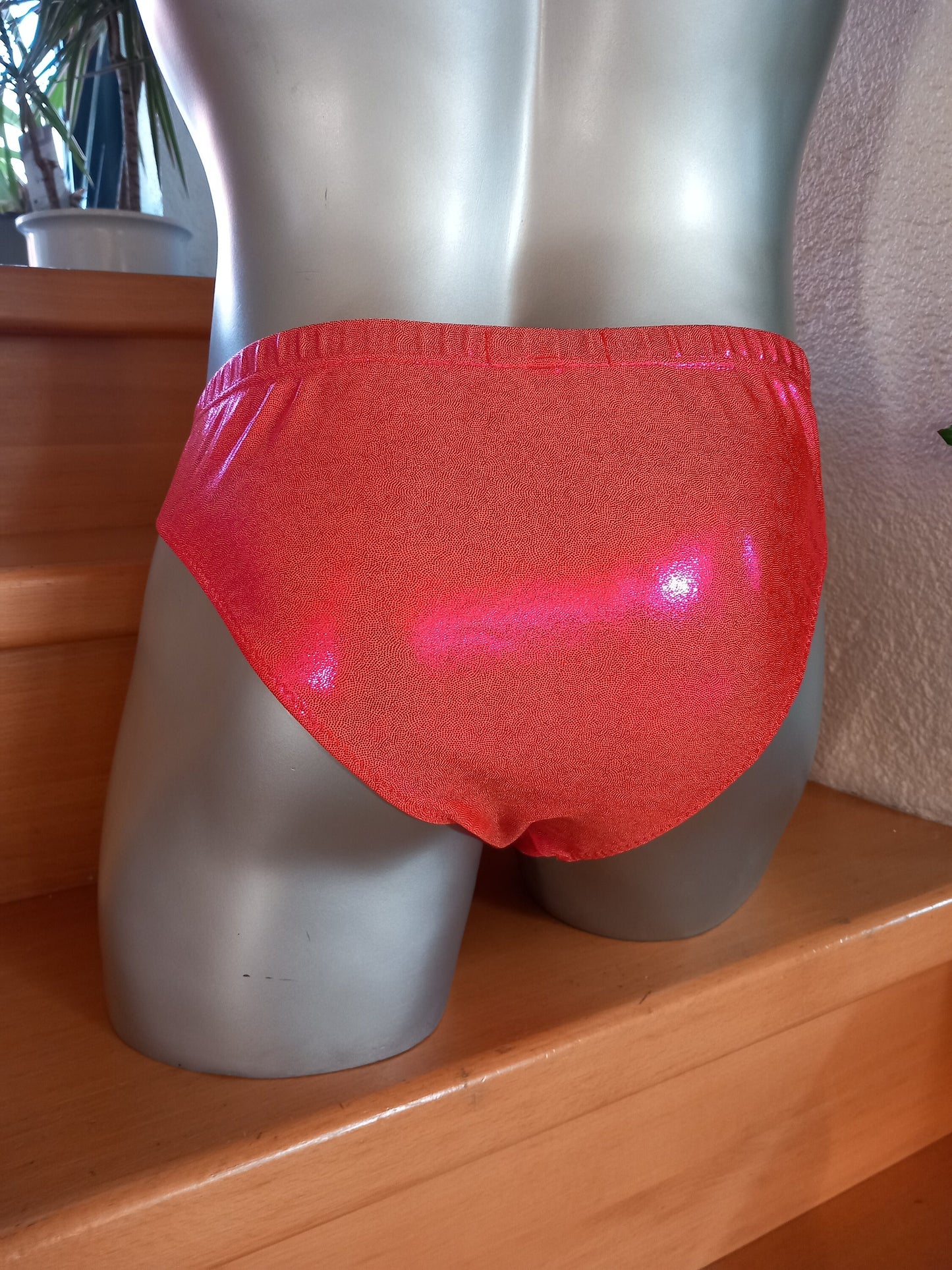 Badehose Slip Tanga elastisches Lycra neonorange mit Hologramm Glitzer Gr. M/L Unikat