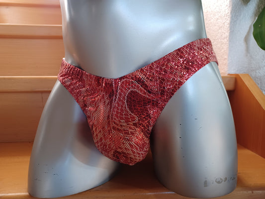 Badehose 3/4 Butt tiefer Bund Herren Dessous Unterwäsche Lingerie elastisches Lycra rot Glitzer Gr S-XL Unikat