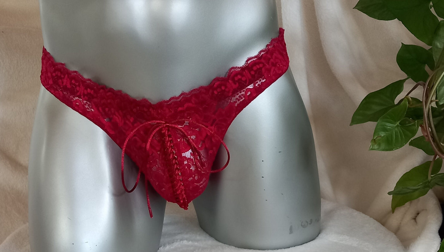 Spitzen-String mit Front-Schnürung Herren Lingerie Dessous Unikat Corsagen-Suspensorium NEU in Bordeaux