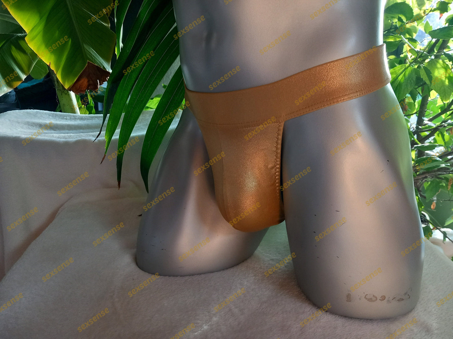 Badestring Herren Badehose Stretch Lycra Gold Gummibund breit Stoffbezogen  Unikat Gr M