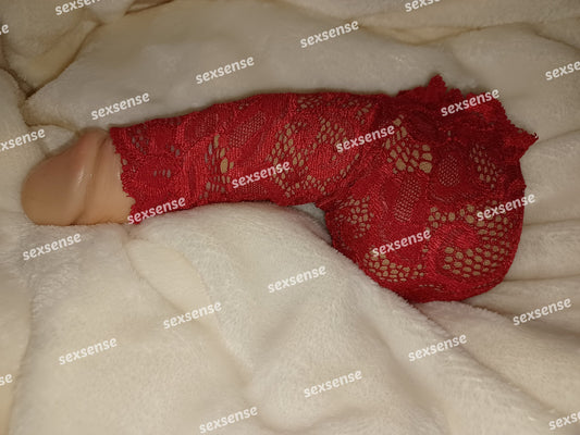 Penissocke rot Willi-Pyjama elastische Spitze, transparent  Sissy Hoden-sackhalter Juwelenbeutel Scrotum